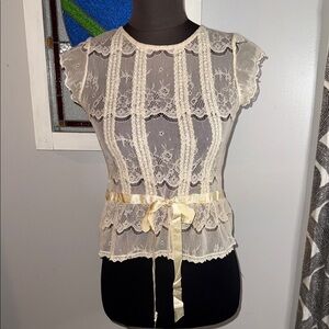 Gadzooks Vintage Y2K Sheer Lace Mesh Peplum Top SZ Small